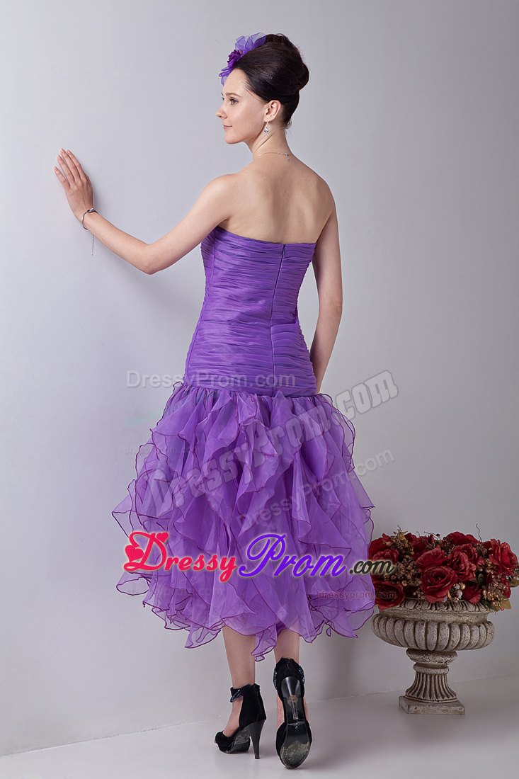Organza Lavender Ruched Ruffled Prom formal Dress Tea-length