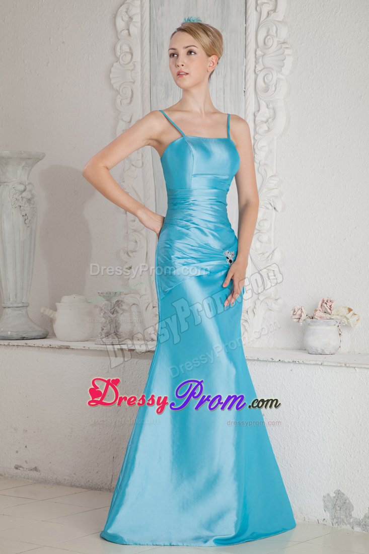 Column Aqua Blue Ruched Prom Dress with Spaghetti Straps