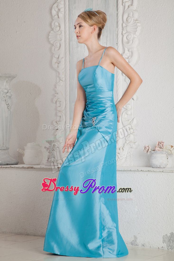 Column Aqua Blue Ruched Prom Dress with Spaghetti Straps