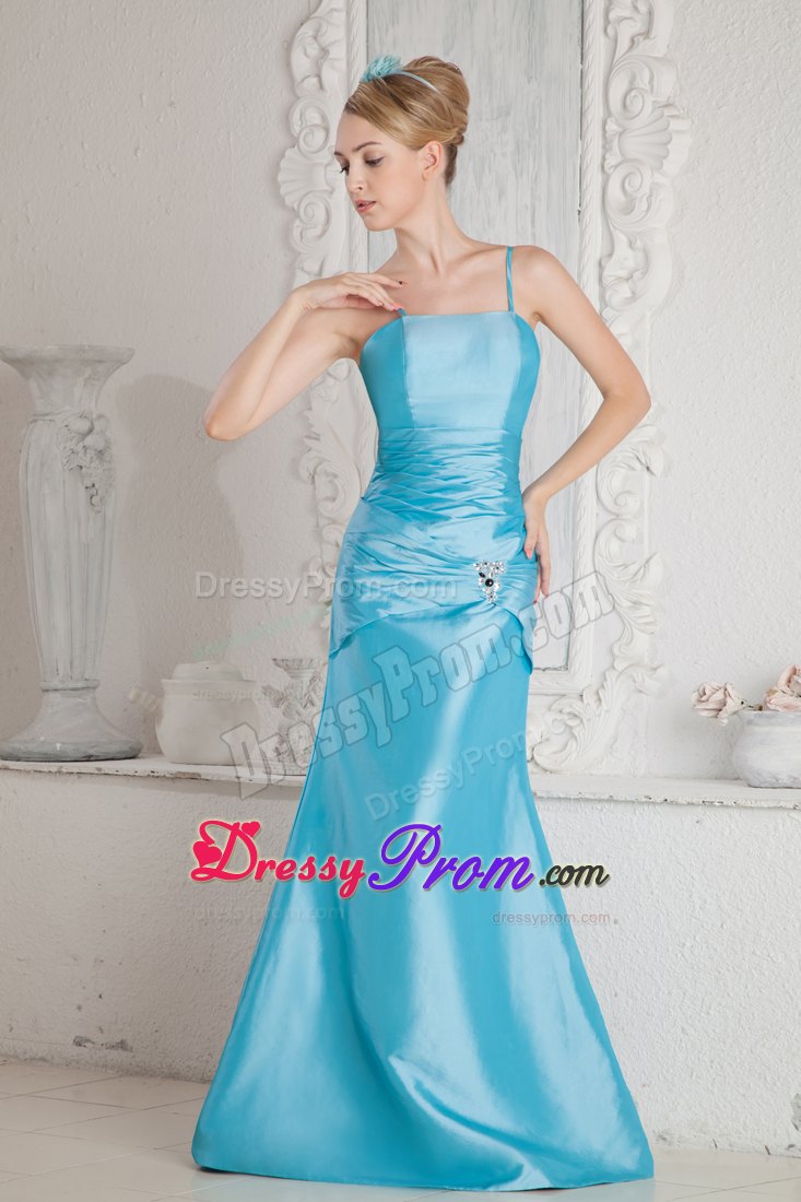 Column Aqua Blue Ruched Prom Dress with Spaghetti Straps