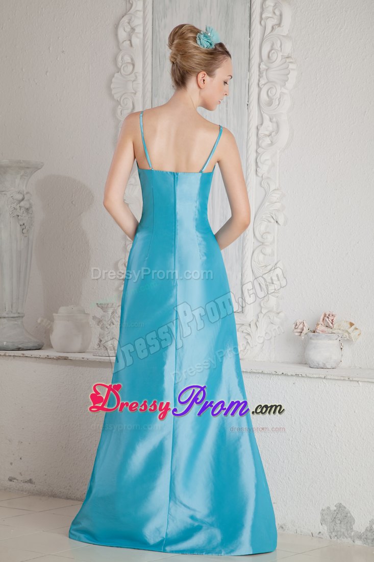 Column Aqua Blue Ruched Prom Dress with Spaghetti Straps