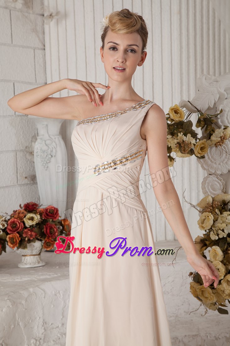 One Shoulder Rhinestones Floor-length Champagne Prom Dress