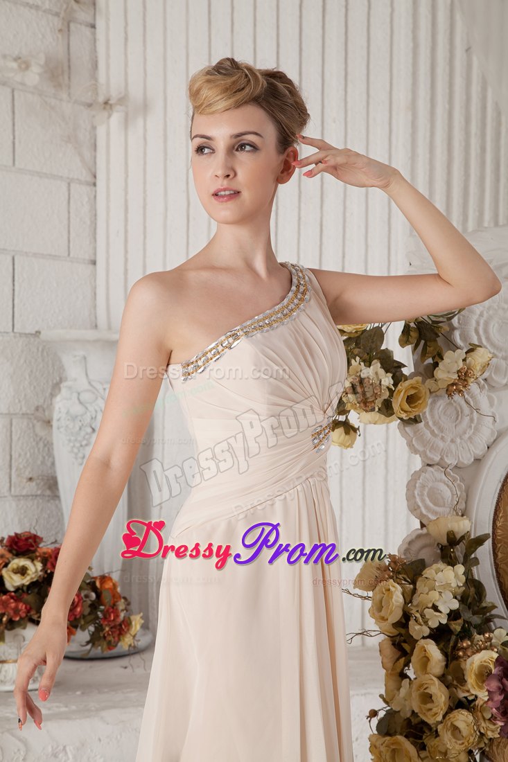 One Shoulder Rhinestones Floor-length Champagne Prom Dress