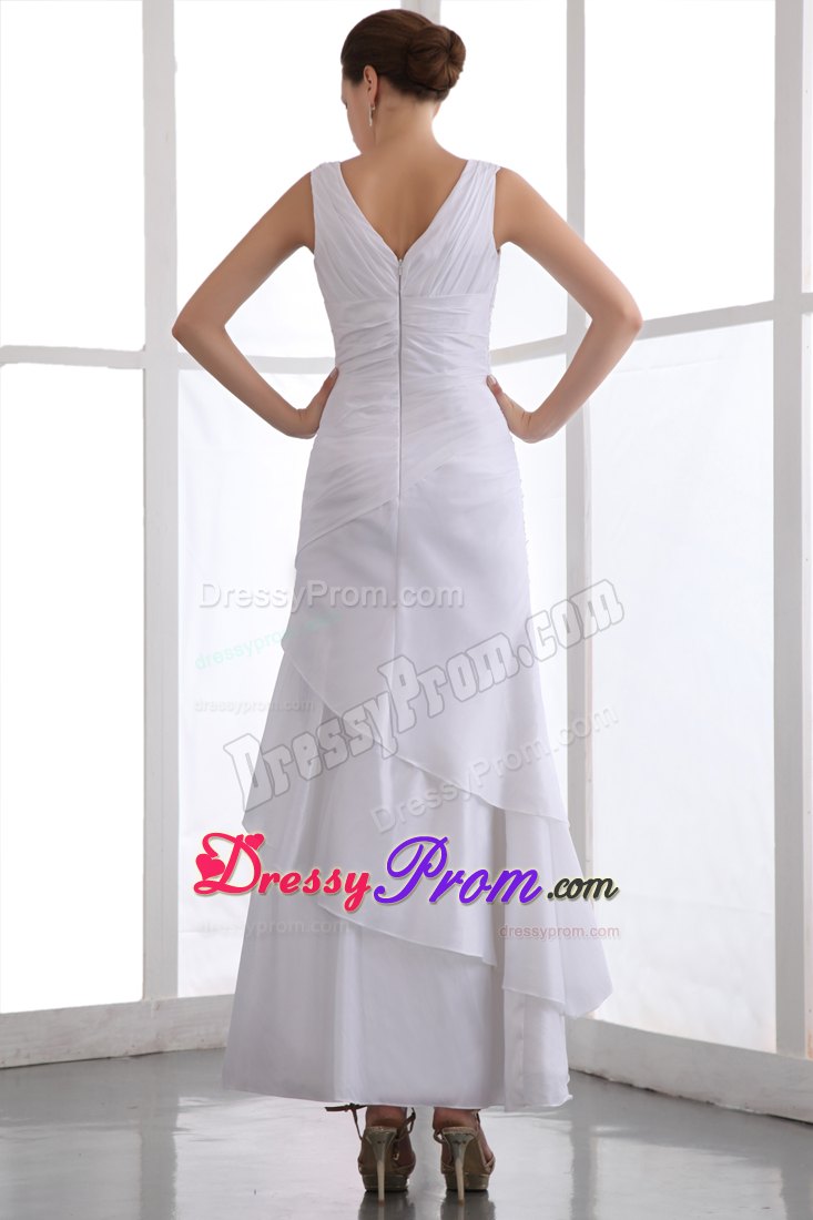 Pure White V-neck Long Prom Dress with Ruche and Appliques