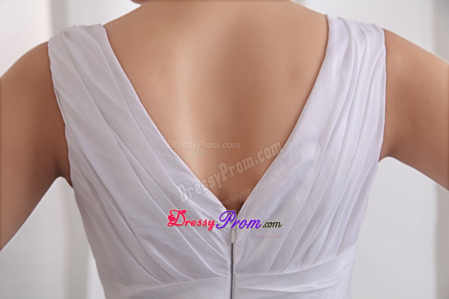 Pure White V-neck Long Prom Dress with Ruche and Appliques