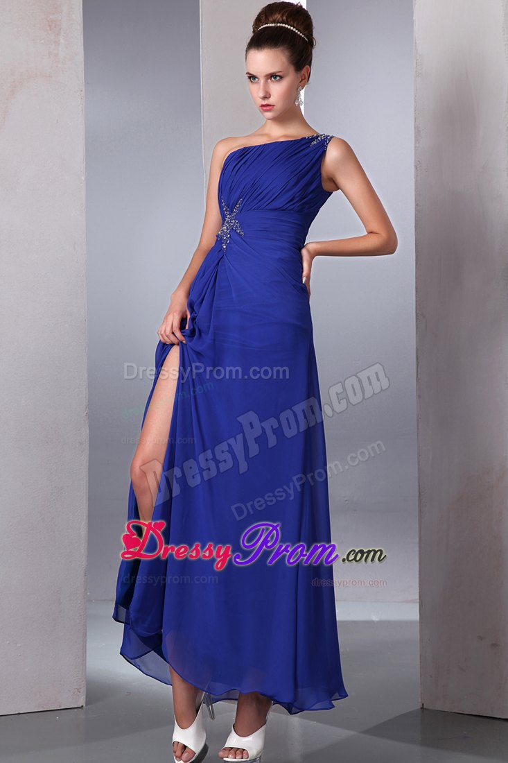 One Shoulder Blue Empire Beading Ankle-length Chiffon Prom Dress