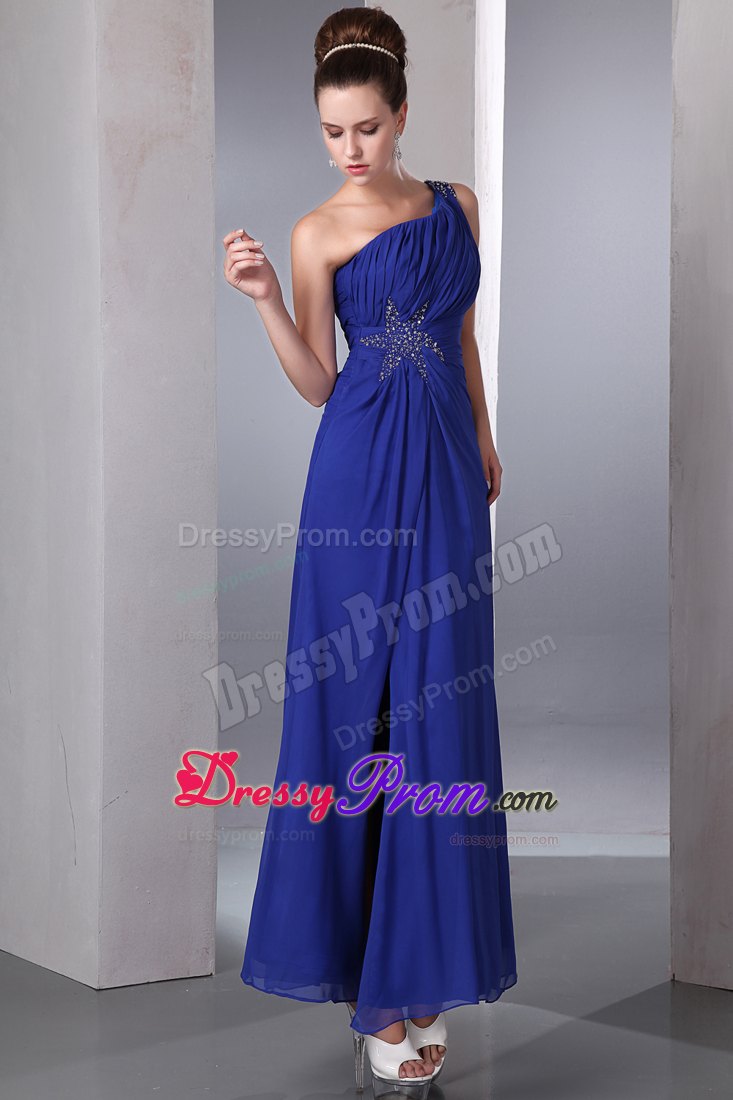 One Shoulder Blue Empire Beading Ankle-length Chiffon Prom Dress