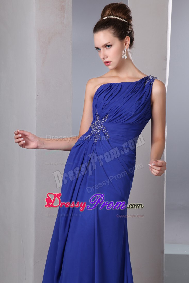 One Shoulder Blue Empire Beading Ankle-length Chiffon Prom Dress
