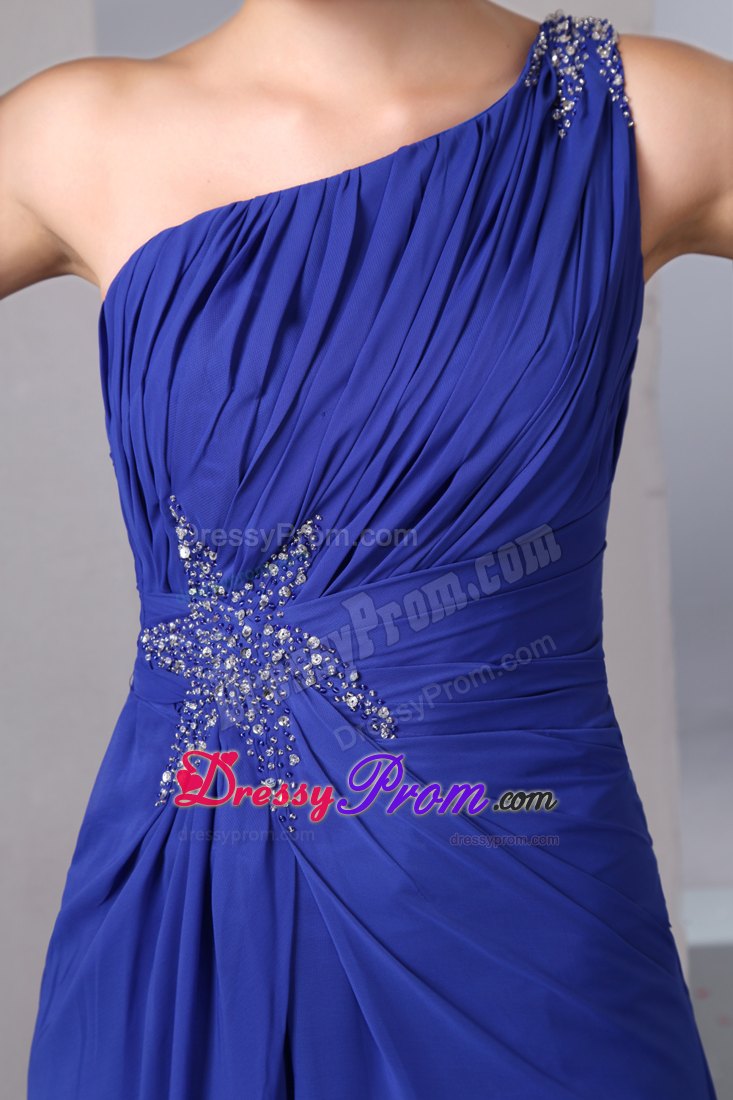 One Shoulder Blue Empire Beading Ankle-length Chiffon Prom Dress