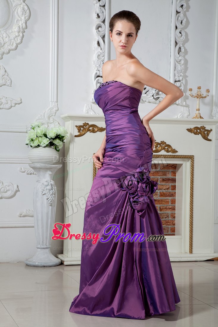 Taffeta Column Strapless Beaded Ruched Purple Prom Dresses
