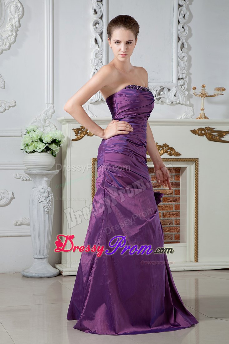 Taffeta Column Strapless Beaded Ruched Purple Prom Dresses