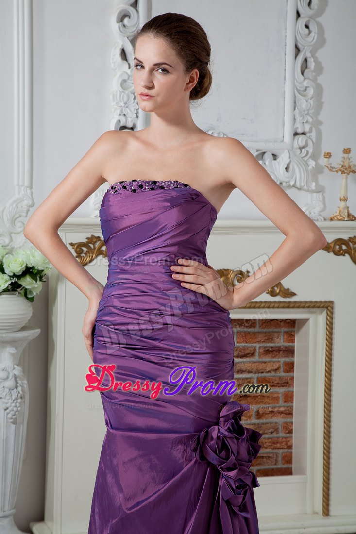 Taffeta Column Strapless Beaded Ruched Purple Prom Dresses