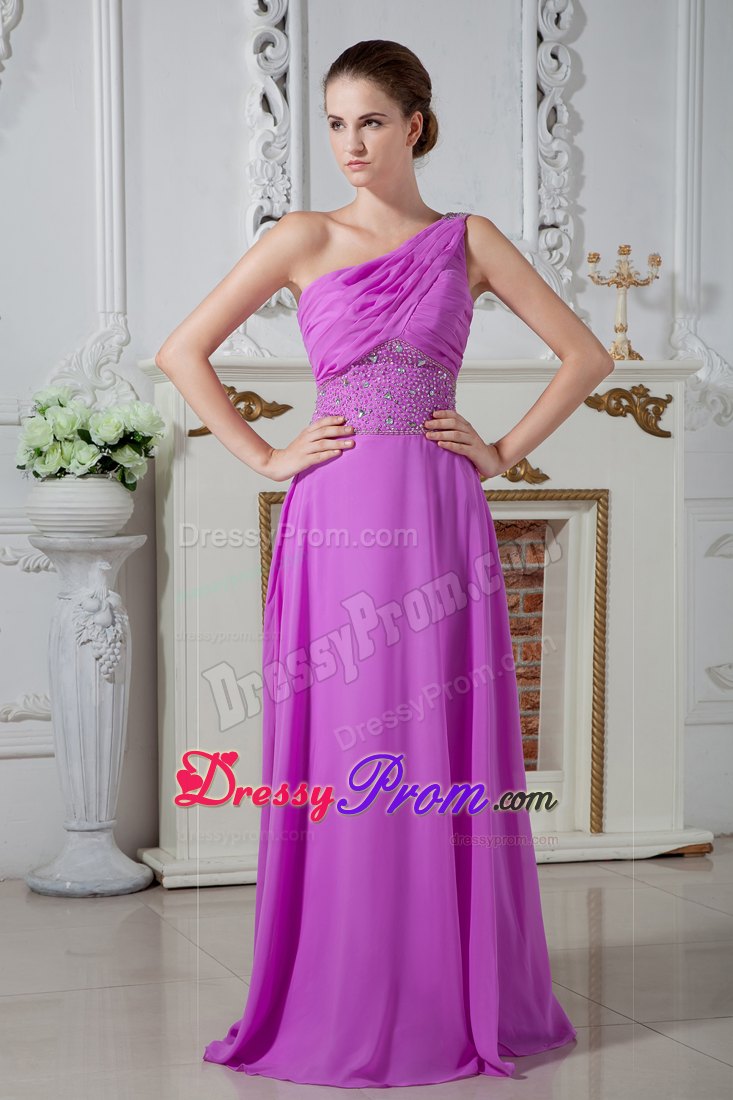 Eye Catching One Shoulder Ruched Beaded Fuchsia Prom Dress