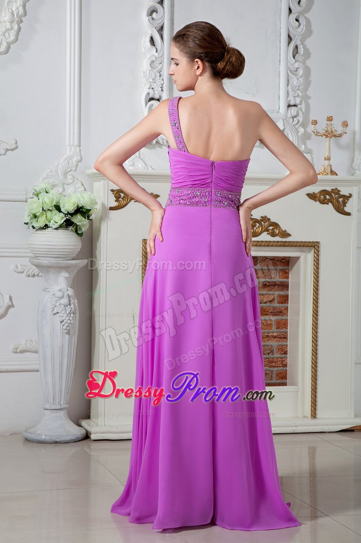Eye Catching One Shoulder Ruched Beaded Fuchsia Prom Dress
