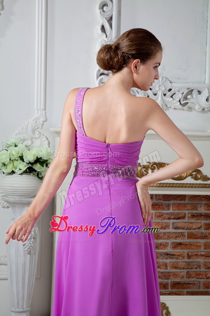 Eye Catching One Shoulder Ruched Beaded Fuchsia Prom Dress
