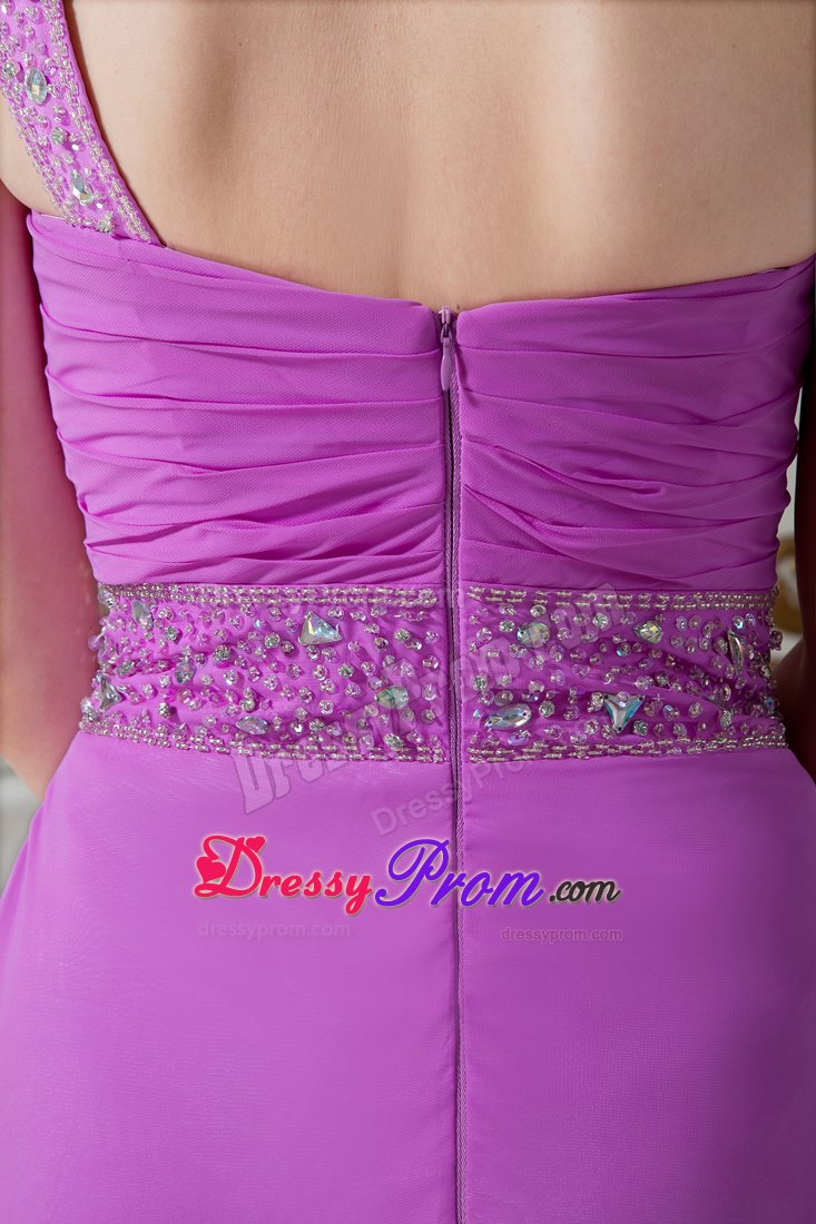 Eye Catching One Shoulder Ruched Beaded Fuchsia Prom Dress