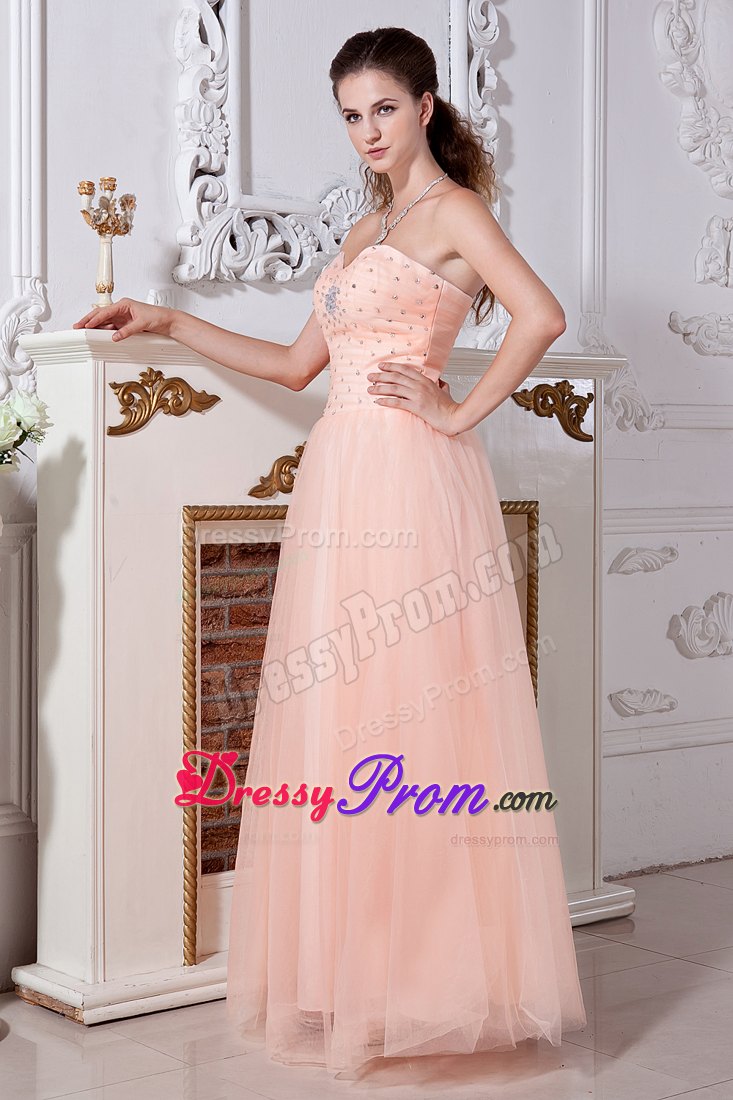 Light Peach Empire Floor-length Beading Sweetheart Prom Dress in Tulle