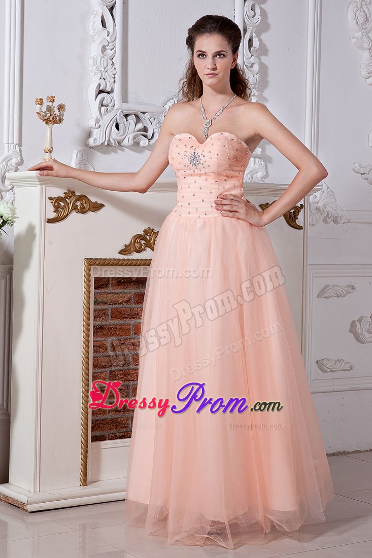 Light Peach Empire Floor-length Beading Sweetheart Prom Dress in Tulle
