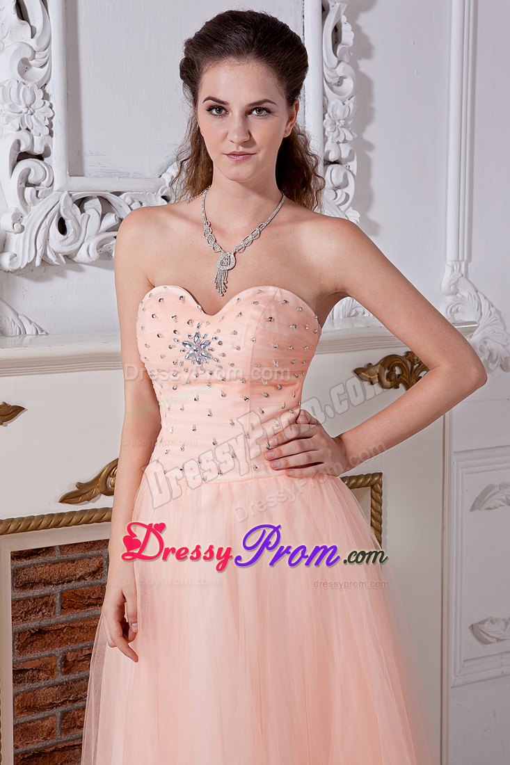 Light Peach Empire Floor-length Beading Sweetheart Prom Dress in Tulle