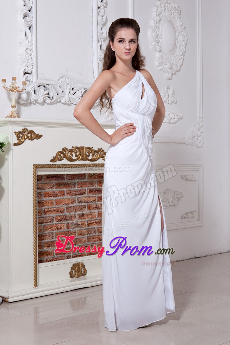 Ruching One Shoulder White Column Floor-length Chiffon Prom Dress