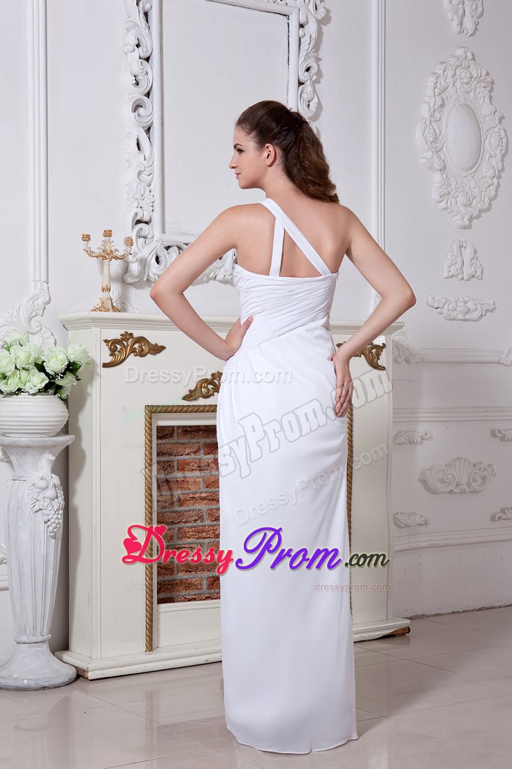 Ruching One Shoulder White Column Floor-length Chiffon Prom Dress