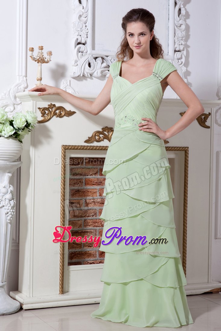 Straps Yellow Green V-neck Layers Prom Dress with Asymmetrical Layers