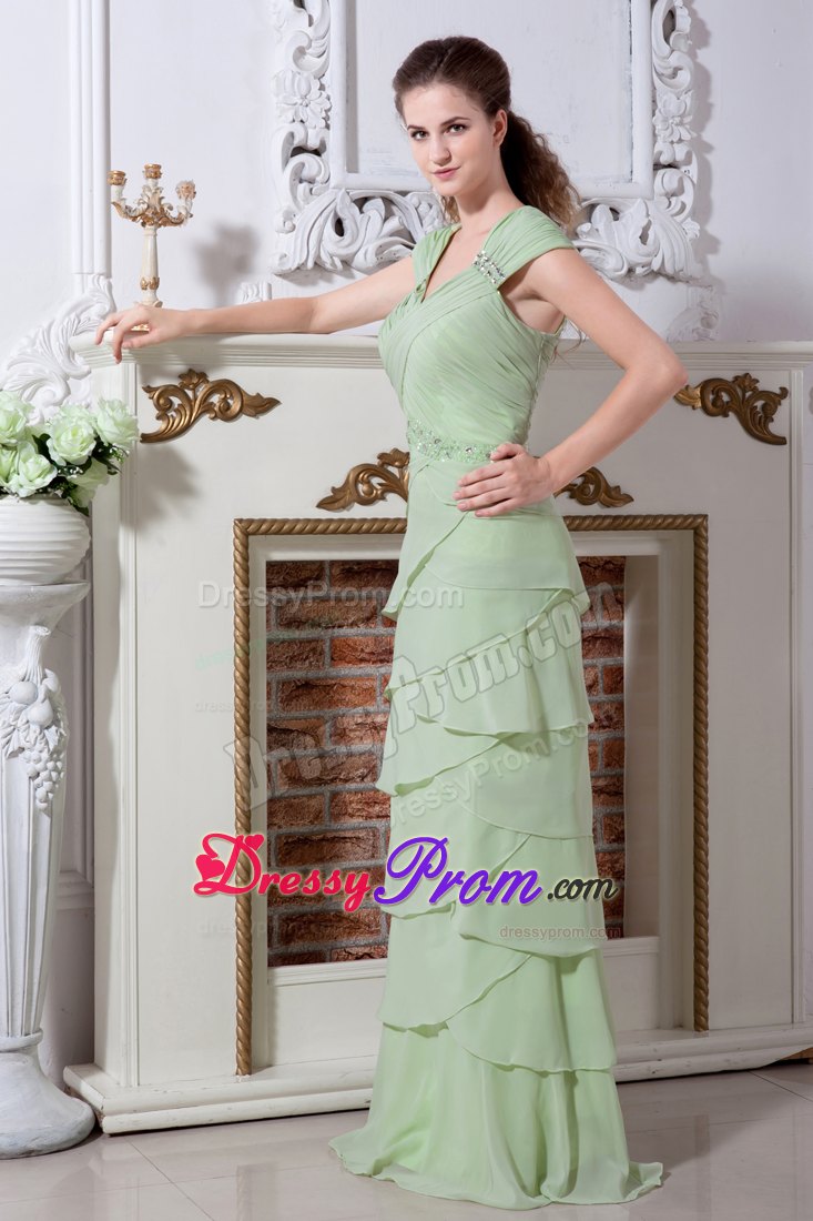 Straps Yellow Green V-neck Layers Prom Dress with Asymmetrical Layers