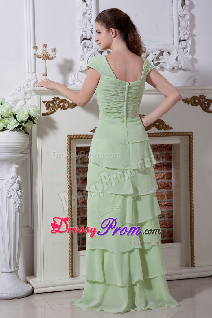 Straps Yellow Green V-neck Layers Prom Dress with Asymmetrical Layers