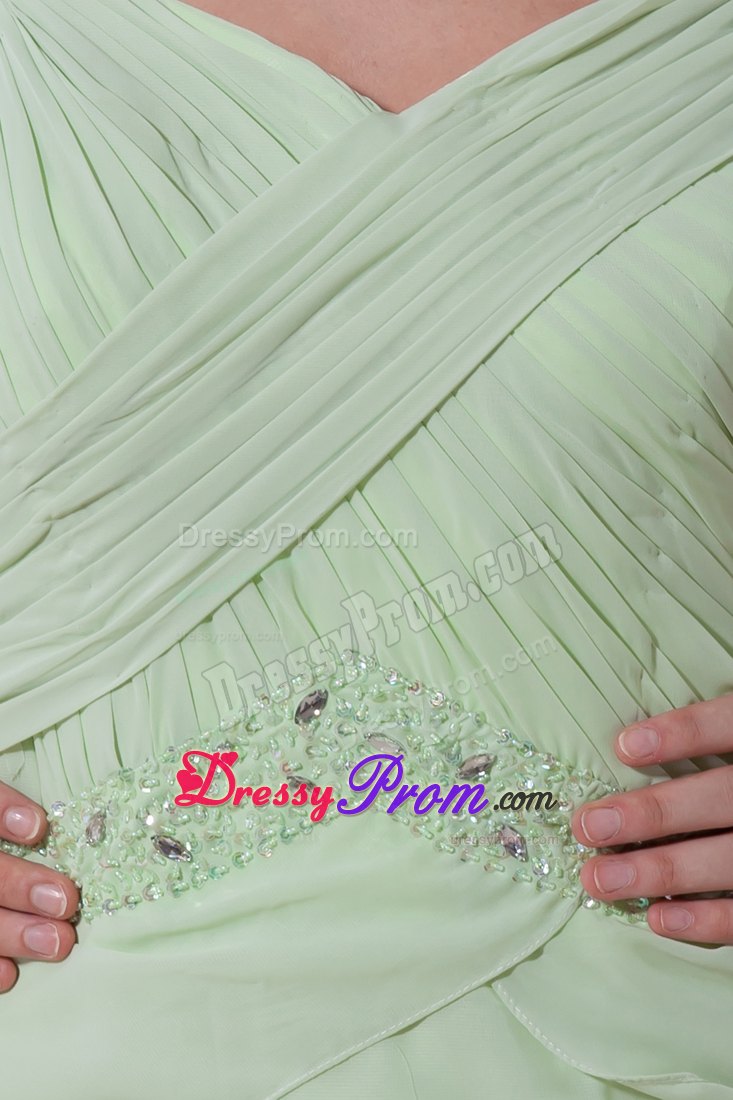 Straps Yellow Green V-neck Layers Prom Dress with Asymmetrical Layers