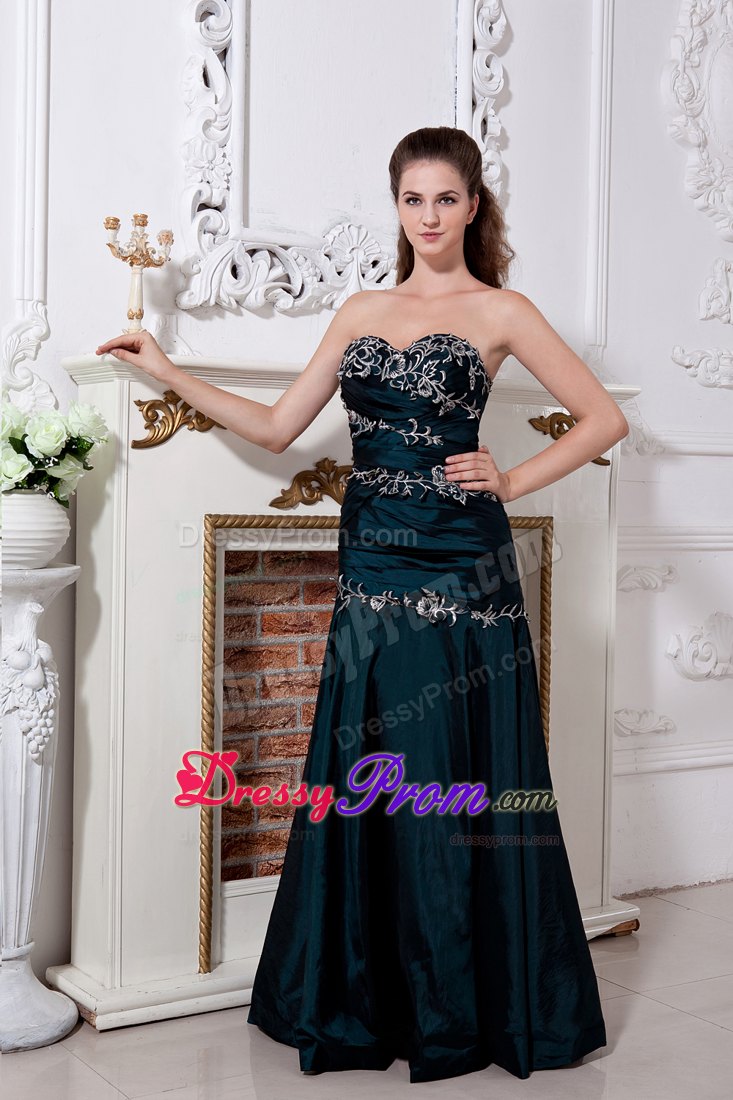 Emerald Green Column Prom Dress Sweetheart with Ruche and Embroidery
