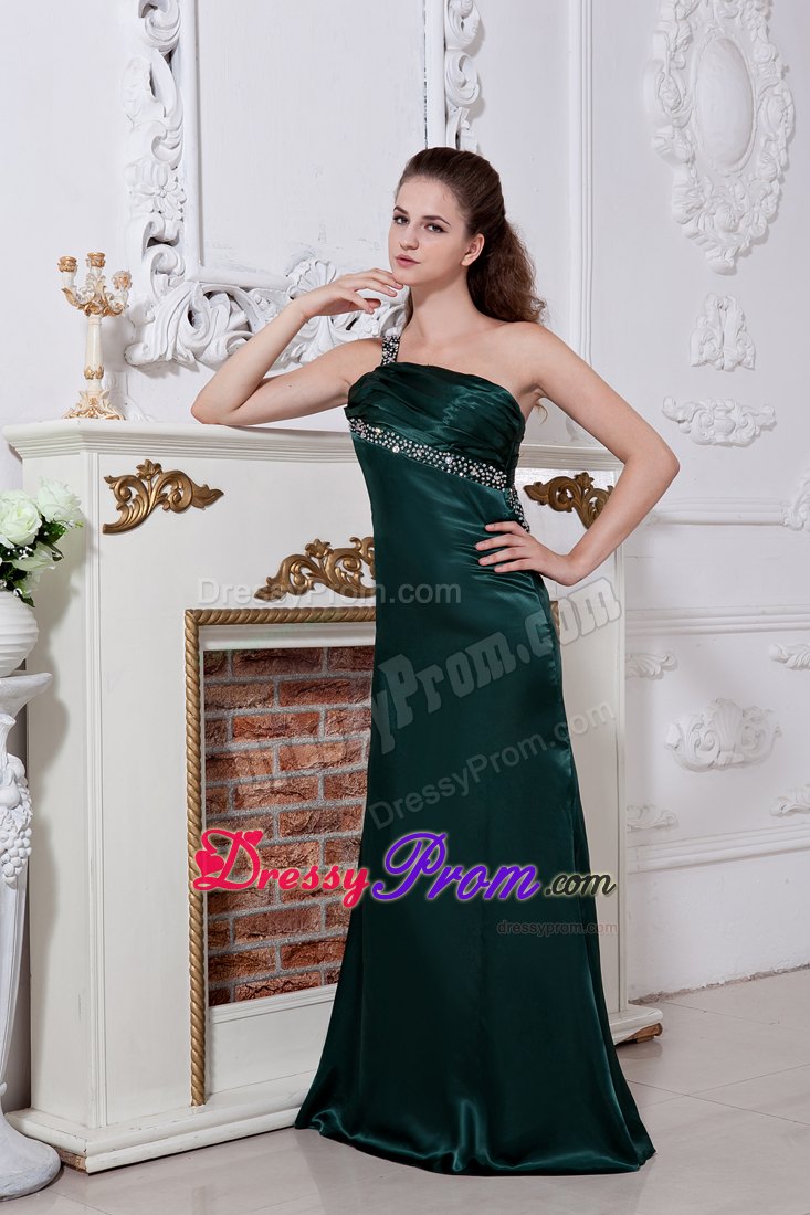 Hunter Green One Shoulder Satin Prom Dress with Ruche and Beading