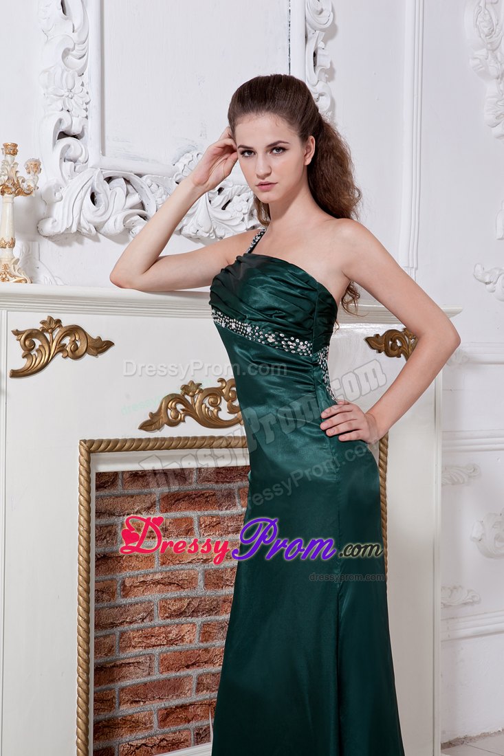 Hunter Green One Shoulder Satin Prom Dress with Ruche and Beading