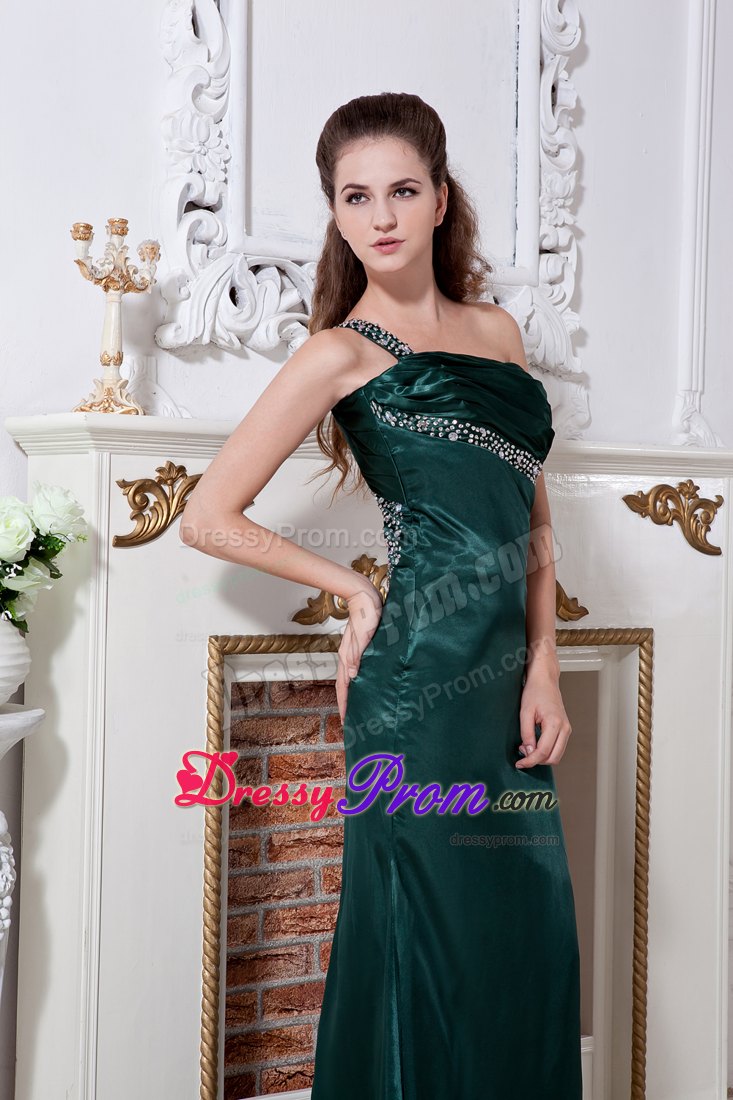 Hunter Green One Shoulder Satin Prom Dress with Ruche and Beading