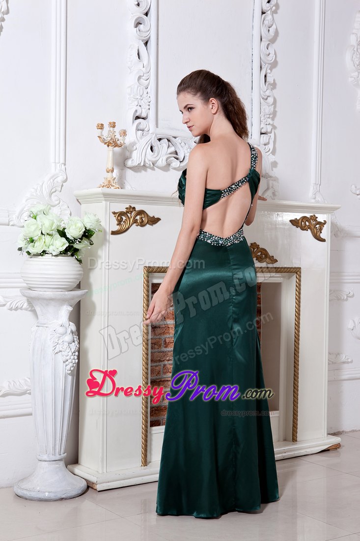 Hunter Green One Shoulder Satin Prom Dress with Ruche and Beading