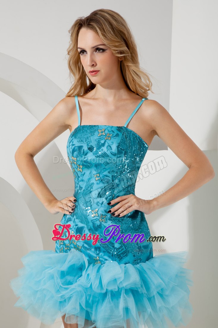 Aqua Blue A-line Straps Tulle and Sequin Prom Homecoming Dress