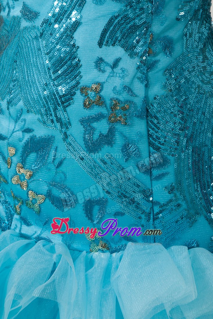 Aqua Blue A-line Straps Tulle and Sequin Prom Homecoming Dress