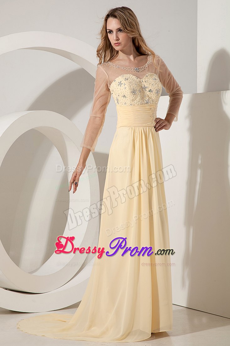 Scoop Beaded Light Yellow Prom Dress with Sheer Long Sleeves