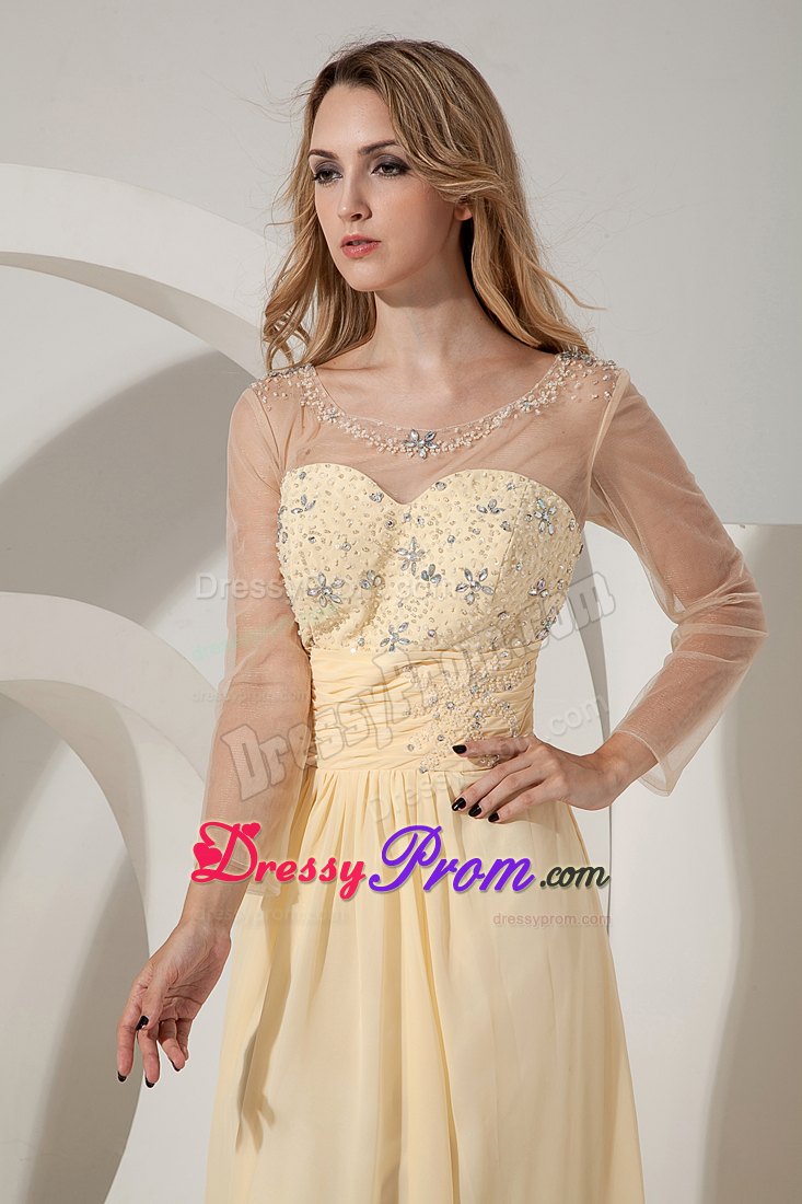 Scoop Beaded Light Yellow Prom Dress with Sheer Long Sleeves