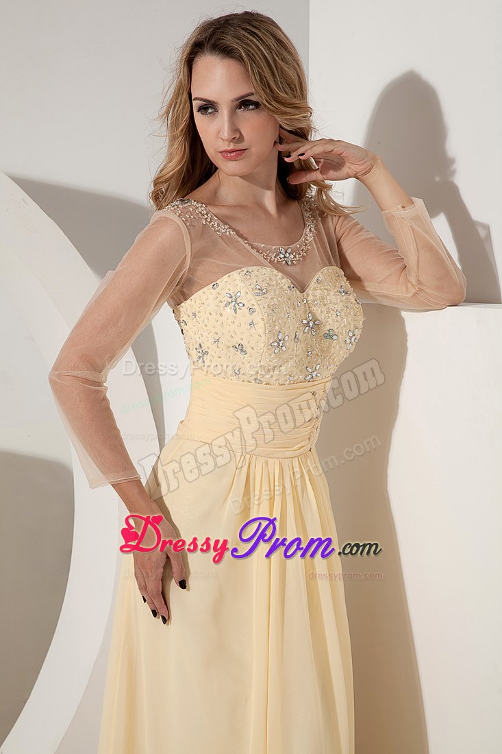 Scoop Beaded Light Yellow Prom Dress with Sheer Long Sleeves