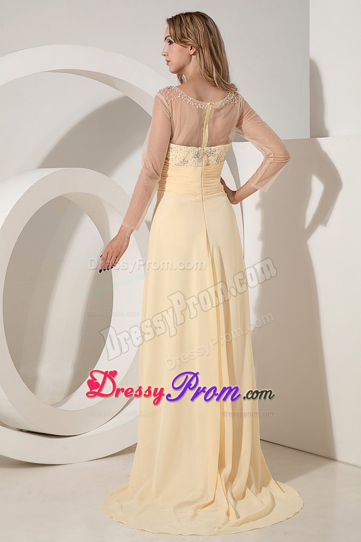 Scoop Beaded Light Yellow Prom Dress with Sheer Long Sleeves