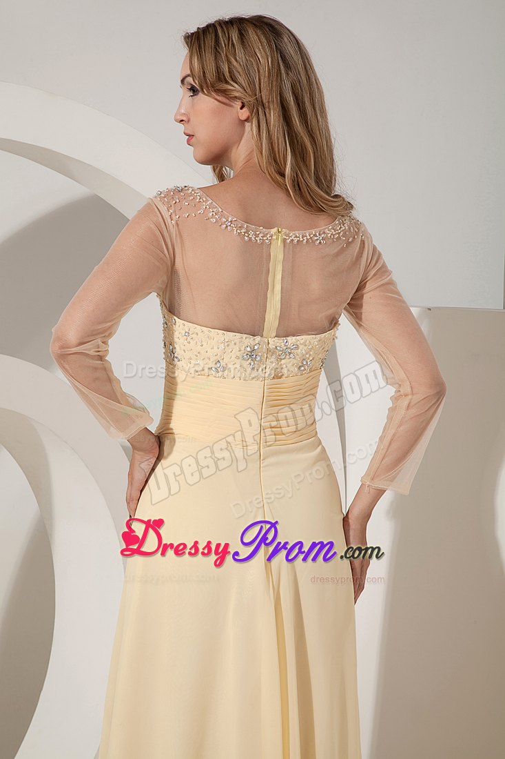 Scoop Beaded Light Yellow Prom Dress with Sheer Long Sleeves