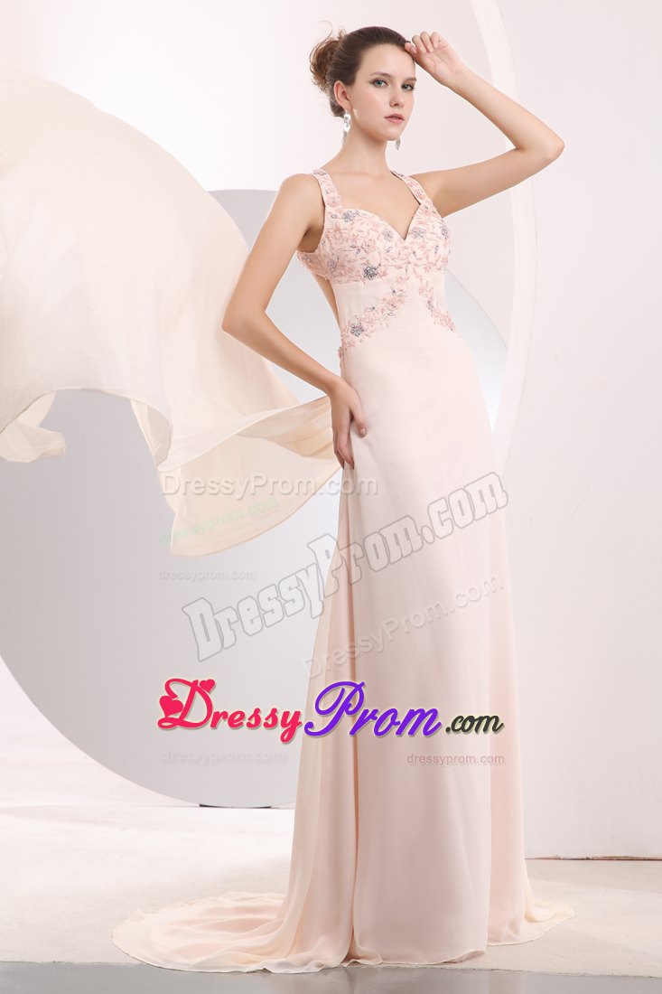 Light Pink Empire Straps Prom Dress with Appliques and Watteau Train