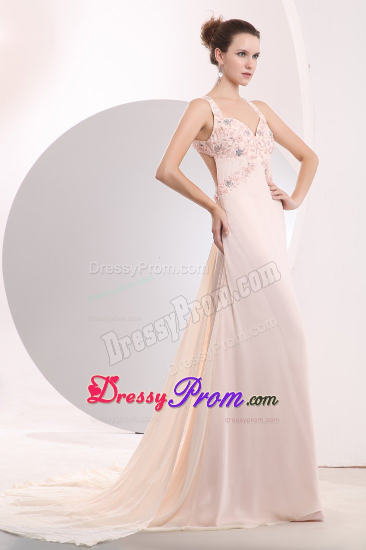 Light Pink Empire Straps Prom Dress with Appliques and Watteau Train