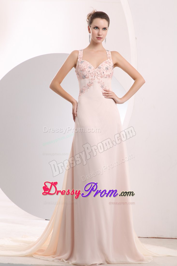 Light Pink Empire Straps Prom Dress with Appliques and Watteau Train
