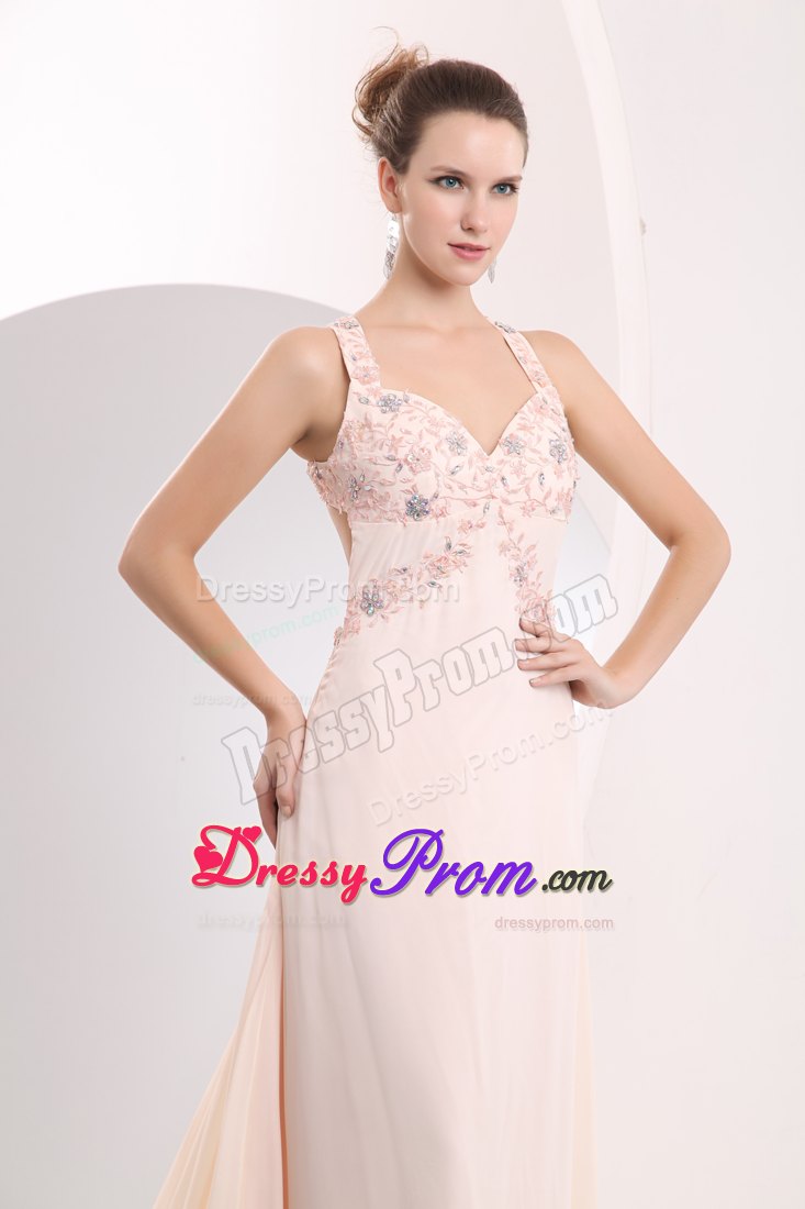 Light Pink Empire Straps Prom Dress with Appliques and Watteau Train