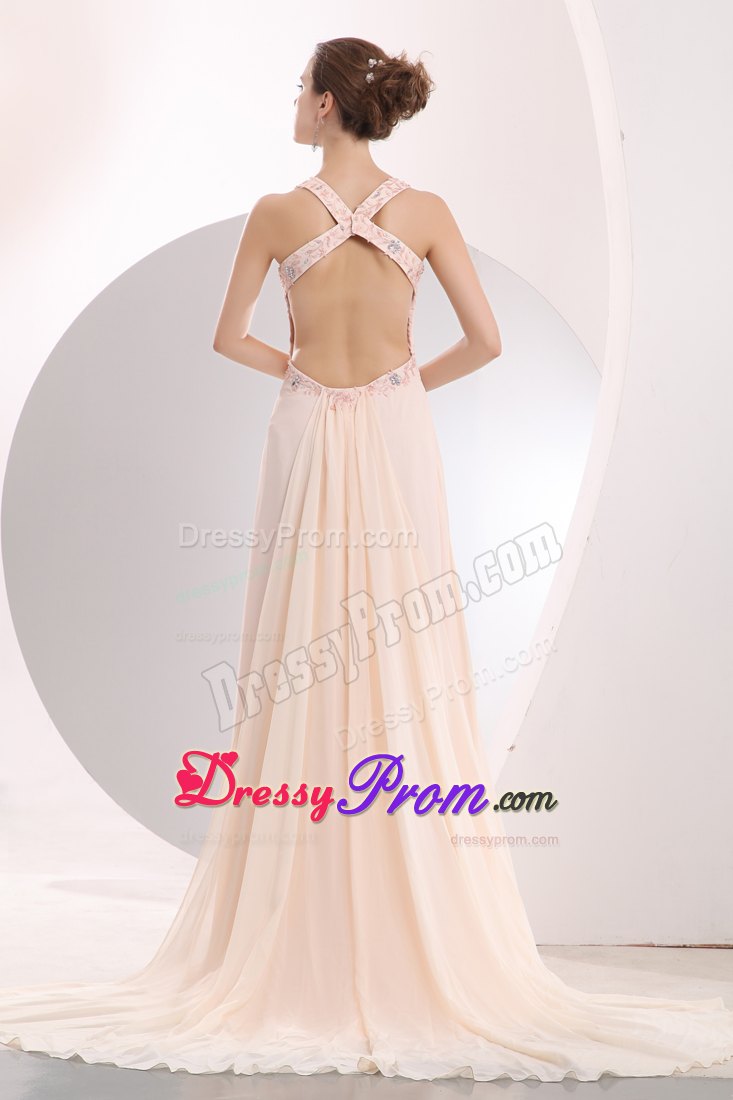 Light Pink Empire Straps Prom Dress with Appliques and Watteau Train