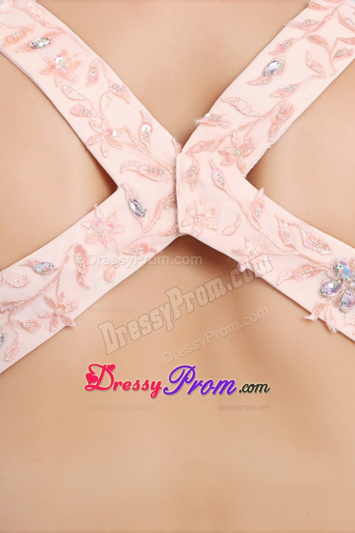 Light Pink Empire Straps Prom Dress with Appliques and Watteau Train