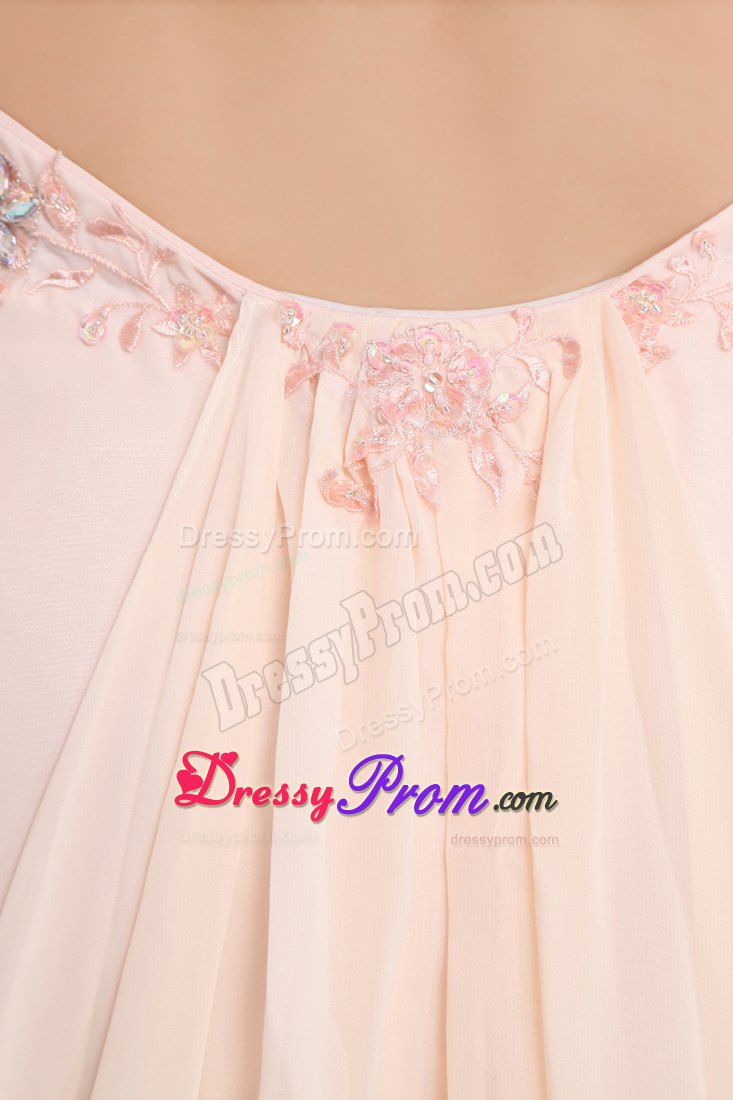 Light Pink Empire Straps Prom Dress with Appliques and Watteau Train
