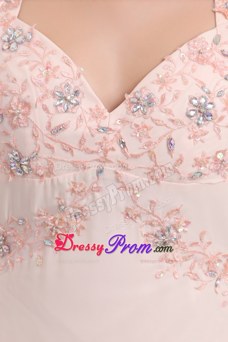 Light Pink Empire Straps Prom Dress with Appliques and Watteau Train