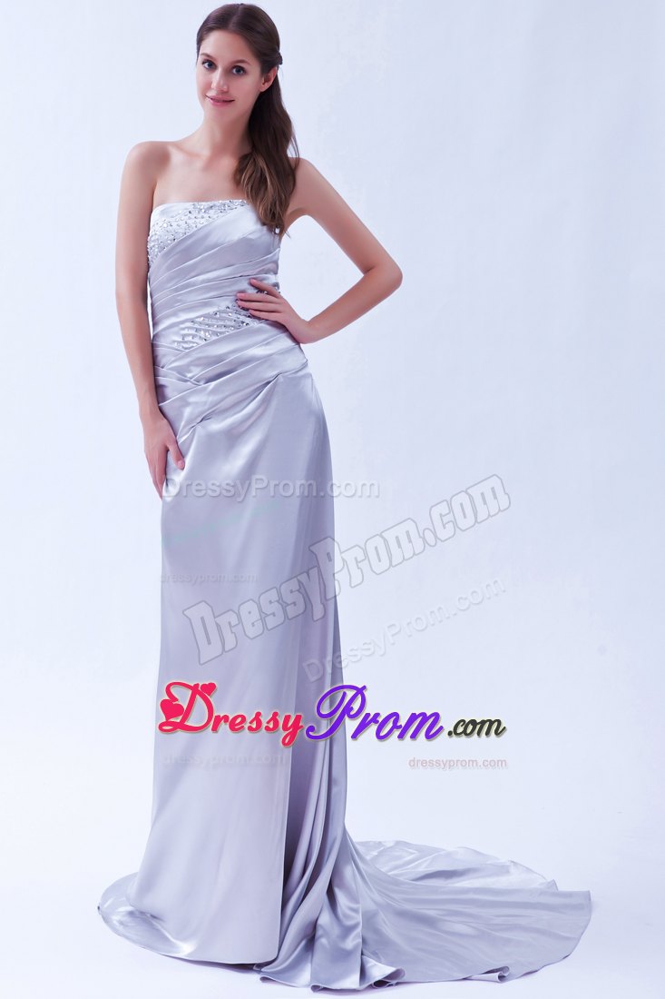Pretty Court Train Beaded Ruched Lilac Prom Gown Dress A-line